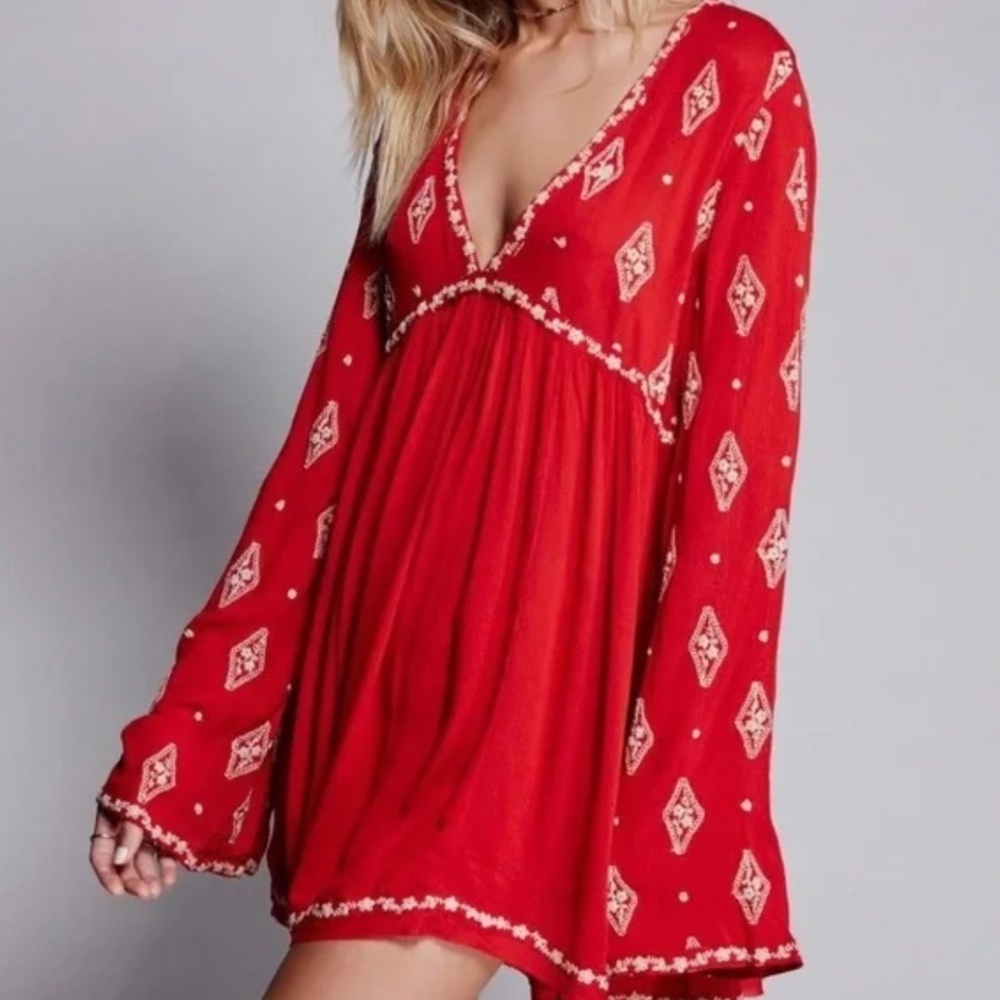 Free People Red Diamond Embroidered Tunic Size S